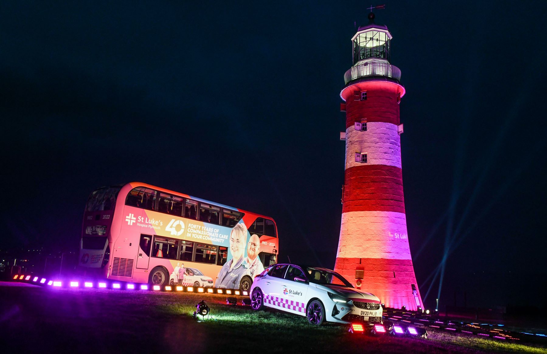 St Luke's Bus with branded car and Smeaton's Tower