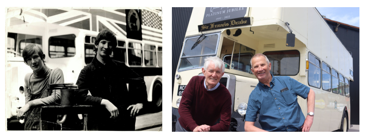Then and now of Steve and Barry in front of the bus